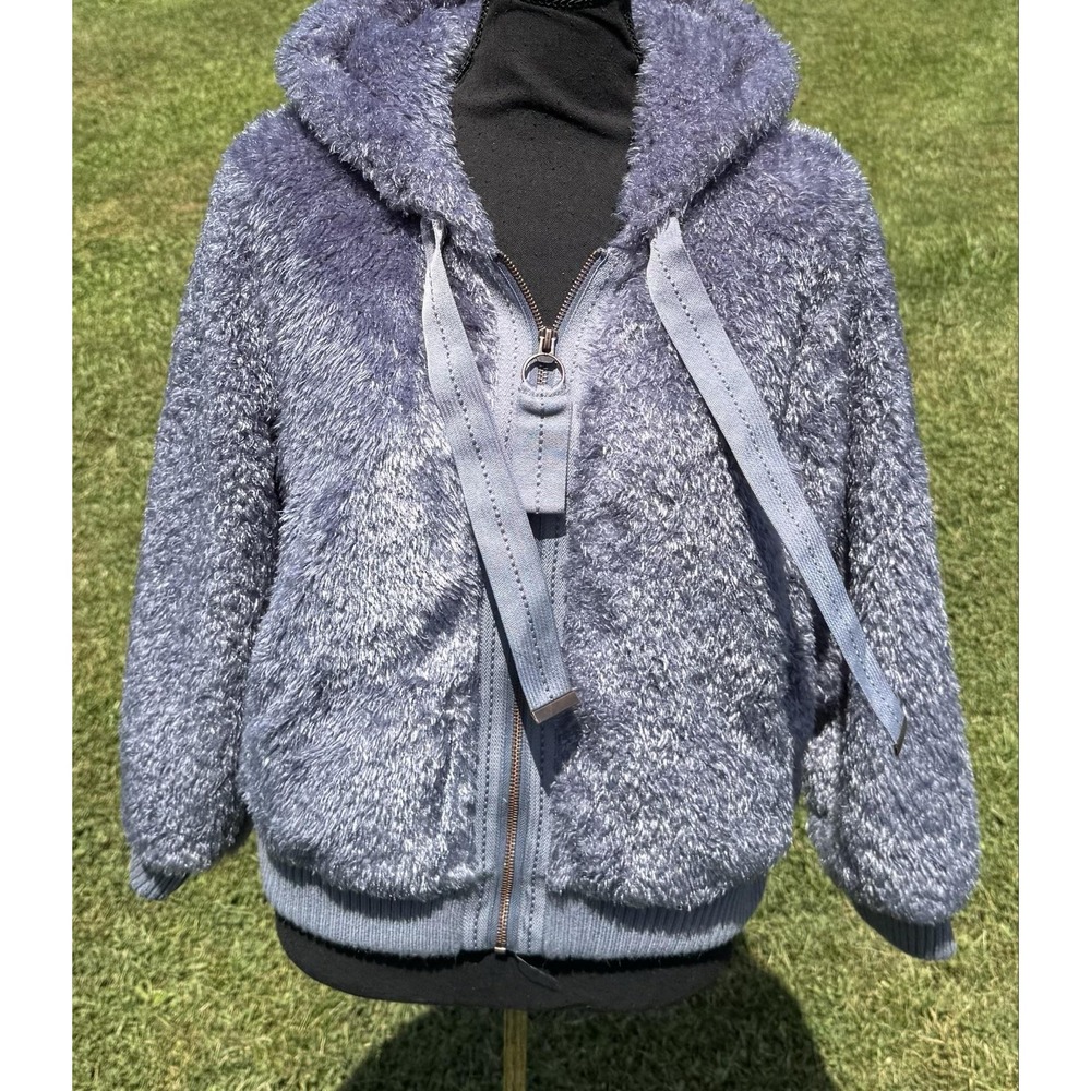 Pilcro Anthropologie Faux Fur Hooded Zip Bomber Jacket Blue NWT XS Cozy Soft